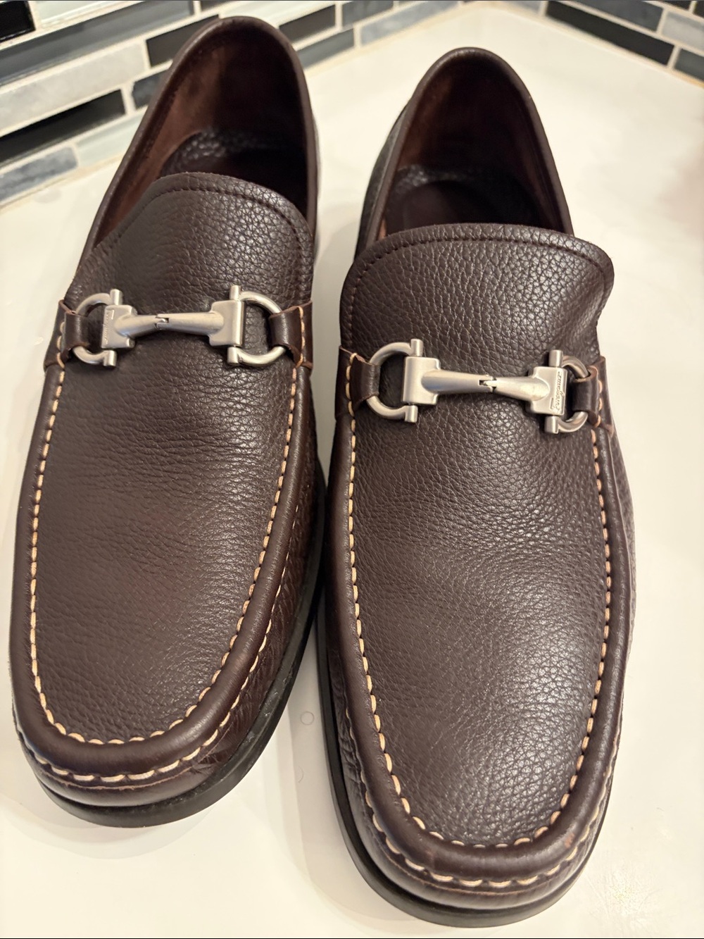 Salvatore Ferragamo Brown Pebbled Gancini buckle loafer